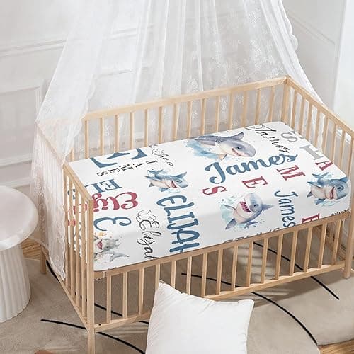 Custom Shark Baby Crib Sheet Personalized Fitted Crib Sheets with Name Mini Pack and Play Sheets Crib Mattress Sheets Perfect for Newborn Baby Boys Girls Nursery Decor