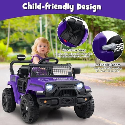 Costzon 12V Kids Ride on Car Truck w/Remote Control (Purple, 34"×23"×21") | Foldable Mirrors, 3 Speeds, LED Lights, Music & Horn, Battery Powered Electric  Vehicle for Toddlers, Ride on Toys thumbnail 7