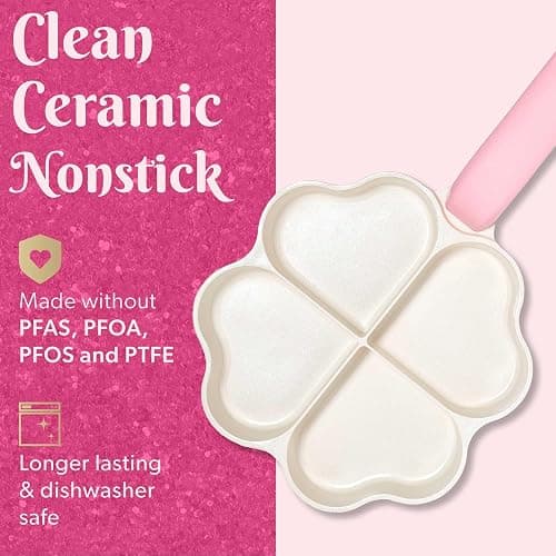 Paris Hilton Heart-Shaped Divided Fry Pan, Ceramic Nonstick Frying Pan with Individual Heart Sections, Dishwasher Safe, 8-Inch, Pink thumbnail 4