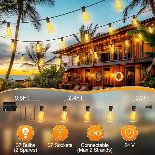 Outdoor Lights String Patio Outside - 100ft 30M LED Waterproof Light ST38 | Dimmable, Shatterproof, Hanging Lighting Edison Bulb Deck Backyard Gazebo Balcony Party Bistro Cafe Pergola Garden Yard Porch thumbnail 7