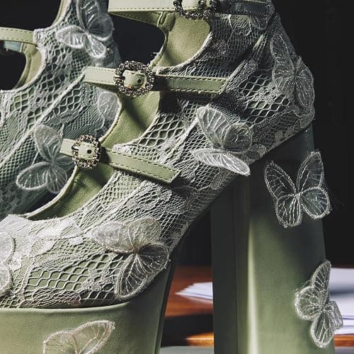 KISTANIA Women's Platform Chunky Heels with Lace Butterfly Square Toe Ankle Strap Mary-Jane Platform Pumps thumbnail 2