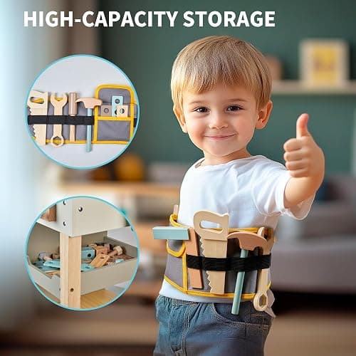 Kids Tool Bench,Wooden Play Tools Set with Kids Tool Belt Toddlers Workbench Pretend Construction Tools Set Wooden Toy Drill Gift for Boys & Girls Age 3-5 thumbnail 7