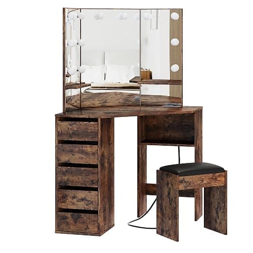 Knowfunn Corner Vanity Desk Set with 3-Folding Lighted Mirrors, Makeup Vanity Table with Charging Station, 5 Rotating Drawers and Storage Bench for Bedroom, Rustic Brown thumbnail 6