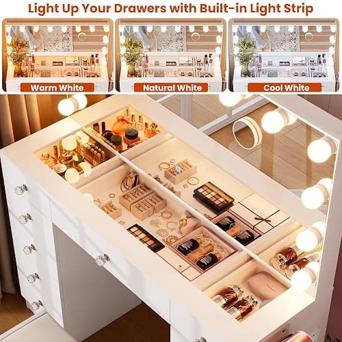 SMOOL Vanity with Mirror and Lights - 46" Vanity Desk with Outlet and 11 Drawers, 3 Color Lighting Modes Adjustable Brightness, Glass Top Makeup Table with Soft Cushioned Stool for Bedroom (White) thumbnail 3