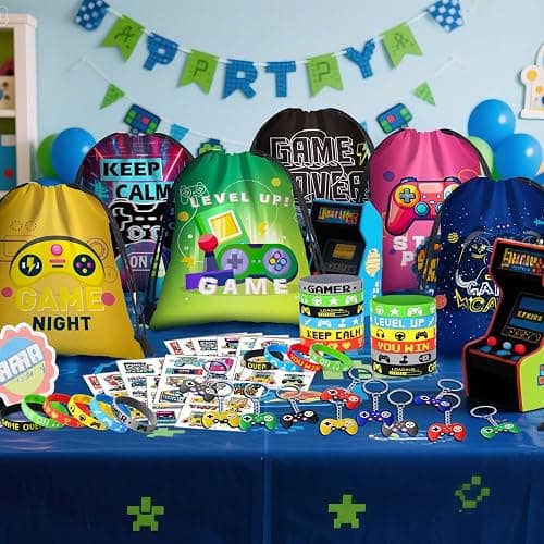naygnahz Video Game Party Favors Kids Gamer Birthday Party Supplies Drawstring Bag Silicone Bracelet Glow in Dark Tattoo Sticker Keychain Gamer Party Favors Gaming Birthday Goodie Bag Stuffers thumbnail 2