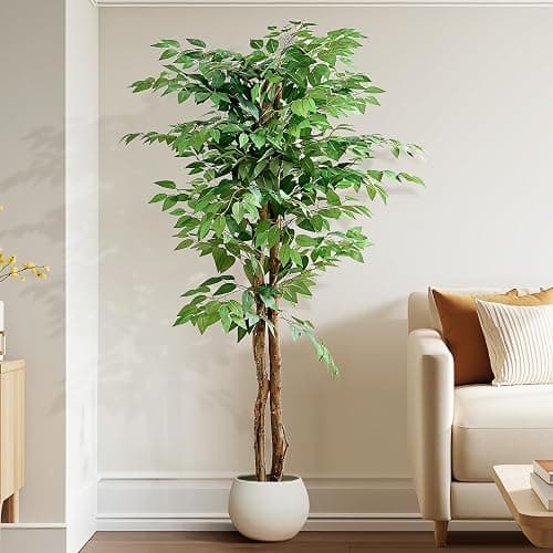 VECELO Ficus Tree Artificial 6 Feet, Tall Faux Tree in Pot, Fake Floor Plant with Realistic Tree Branch & Silk Leaves for Home Office Indoor Decor thumbnail 7