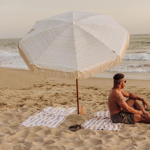 BEACH STATE Summerland 6.5 Feet Beach Umbrella with Fringe - Patio Umbrella - Outdoor Umbrella - UV50+ Sun Protection - Laguna Print in Driftwood thumbnail 5