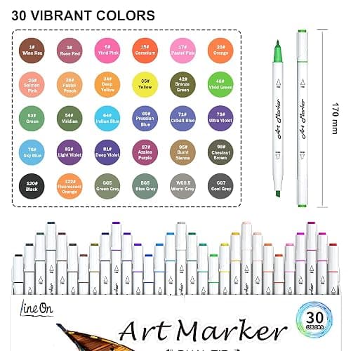 Dual Tip Alcohol Based Art Markers, Lineon 30 Colors Alcohol Marker Pens Perfect for Kids Adult Coloring Books Sketching and Card Making thumbnail 3