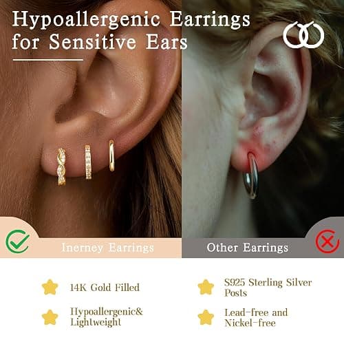 Inerney Gold Huggie Hoop Earrings Set for Women, Dainty Small Sterling Silver Earring Stacks Hypoallergenic Jewelry for Multiple Piercings, Trendy Twisted Cute Cartilage Hoops Birthstone Gift 3 Pairs thumbnail 4