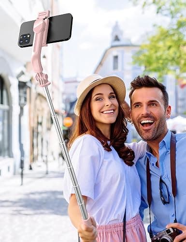 Selfie Stick mit Verbessertem Stativ [2023 Ganz Neues Entwurf] Selfie Stange aus Aluminium Handy Stativ mit Abnehmbarer Fernbedienung um 360° Drehbar für iPhone Samsung, Action-Kamera GoPro (Rosa) thumbnail 8