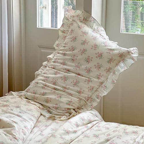 MKXI Queen Size Pink Floral Comforter Set - 3 Piece Ruffled Lace Bedding Set 1 Queen Comforter with 2 Pillowcases All Seasons, Soft Aesthetic Princess Style Floral Comforter for Girls, Women thumbnail 6