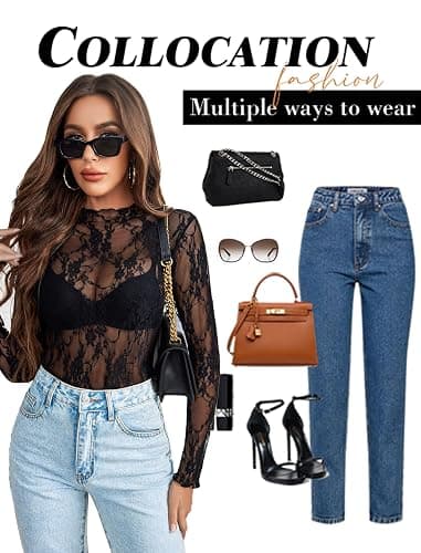Avidlove Women's Mesh Top Long Sleeve Mock Neck Sheer Blouse See Through Floral Lace Tops thumbnail 4