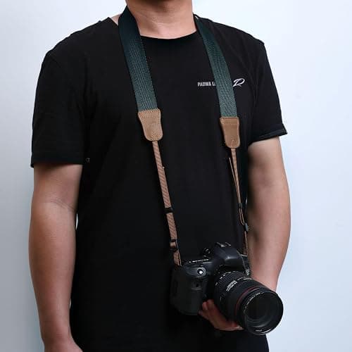 Padwa Lifestyle Dark Blue Green Camera Strap -Double Layer Crazy Horse Cowhide End,1.5" Wide Pure Cotton Woven Camera Straps,Adjustable Neck Shoulder Strap for All DSLR Cameras,Gift for Photographers thumbnail 2