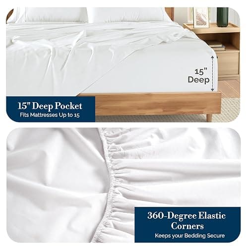 Casa Platino Twin XL Sheets Set –100% Cotton Twin XL Sheets with 2 Pillowcases, Lightweight Feel & Secure Fit, Crisp & Breathable Percale Weave with 15" Deep Pocket, Soft and Cozy – Pure White thumbnail 3