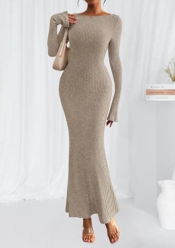 PRETTYGARDEN Women's Fall Fashion 2025 Long Sleeve Maxi Dress Ribbed Knit Boat Neck Bodycon Casual Dresses Going Out Outfits thumbnail 6
