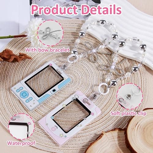 2Pcs Kpop Photocard Holder, 3.5Inch Cute Camera Style Photocard Holder Keychain for Kpop Lovers Girls, Waterproof Cartoon ID Badge Holder for Fan Idol Photo Bus Credit Card with Pearl Bow Bracelet thumbnail 5