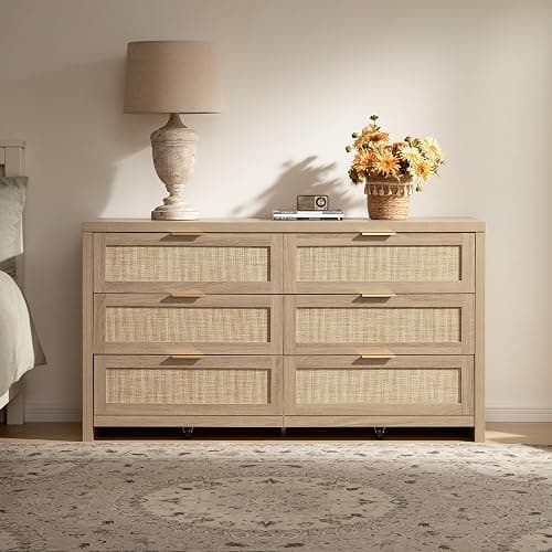 SICOTAS Rattan Dresser for Bedroom, 56.9" Wide 6 Drawer Dresser with Ample Storage, Dressers Large Chest of Drawers, Closet, Boho TV Stand for Bedroom (Reclaimed Light Oak, 1 Piece) thumbnail 4
