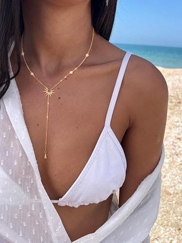 FAONDU Drop Sunburst Gold Necklace for Women Simple 14K Gold Plated CZ Chain Dainty Waterproof Pearl Teardrop Pendant Sliver Y-Necklace for Womens Non Tarnish Long Layered Sun Cross Choker Women's Y-Shaped Stacked Fashion Accessories Trendy Prom Jewelry Gift thumbnail 3