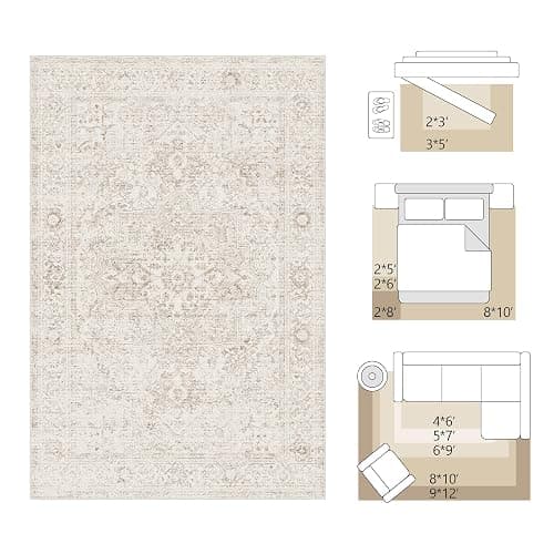 FMFUNCTEX 4x6 Washable Area Rug Neutral Vintage Beige Distressed Non Slip Low Pile Traditional Indoor Carpet for Living Room Bedroom Soft Retro Mat Throw Rug for Dining Office Kitchen Dorm Entryway thumbnail 2