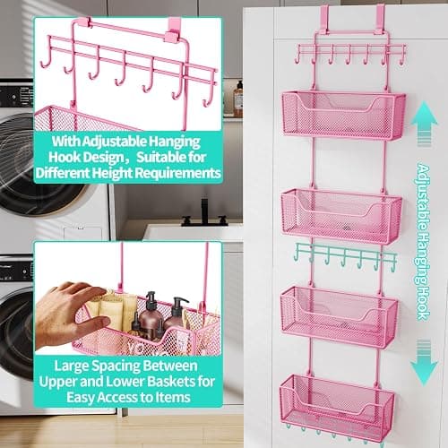 HapiRm Over Door Organizer Storage - Hanging Door Organizer with 4 Metal Large Capacity Baskets and Adjustable Coat Hook for Bathroom Bedroom Kitchen Pantry Closet Cabinet thumbnail 5