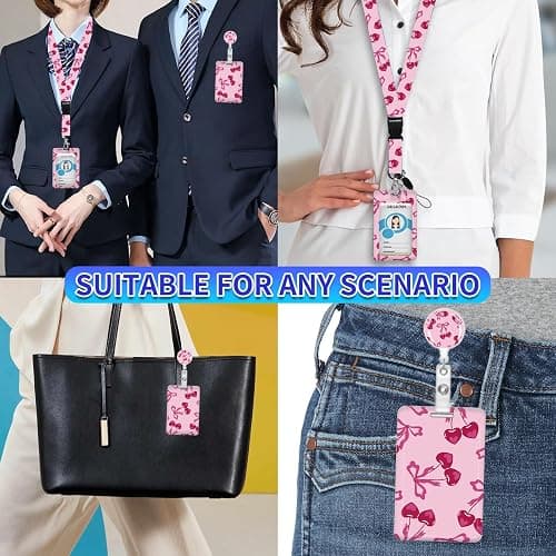 ID Badge Holder with Lanyard,Fashionable Retractable Badge Holders Reels with Lanyards Adjustable, for Women Kids Teacher Nurses Doctor Student(Cute cherries with bows) thumbnail 3