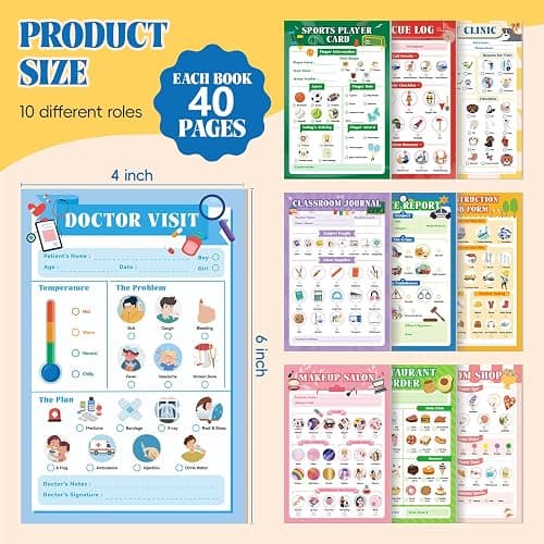 MOMOTONX 10 Pack Kids Pretend Play Notepads, 40 Pages Kids Playtime Pads | 4'' x 6'' All Roles Imaginative Role Play Activity Set, Educational Toys for Toddlers thumbnail 3