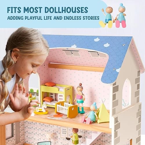 Giant bean Wooden Family Dolls Set of 7 for Dollhouse, Dollhouse People Miniature Dollhouse Accessories Toy for Boys Girls Kids Pretend Play 3 Years up - Dollhouse Family Dolls thumbnail 7