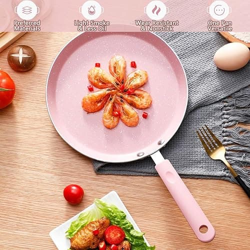 JUSTUP Nonstick Frying Pan Set，3 Piece Pots and Pans Set Nonstick，Pink Kitchen Cookware Sets with Non Stick Pan Coating,10 Inch,8 Inch and 6 Inch Non Stick Cooking Set Suitable for All Stoves (Pink) thumbnail 5