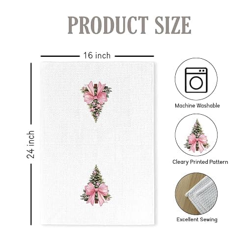 bitCNY Christmas Kitchen Towel – Pink Bow Tree Waffle Weave Dish Towel, Cute Holiday Hand Towel for Christmas Decor or Gift, 16x24 Inch thumbnail 3