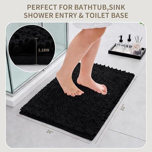 Ruggnovea Bathroom Rugs Non Slip Washable 32x20, Extra Thick Soft Chenille Absorbent Bath Mat, High Density Barrier Non Slip Backing, Quick Dry Plush Shaggy Floor Carpet for Tub&Shower, Black thumbnail 2