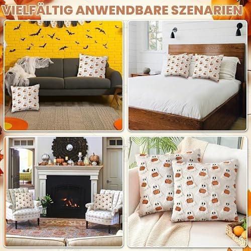 Halloween Pillow Covers 18x18 Inch, Set of 2, 3D Plush Ghosts with Pumpkins | Soft polyester, faux fur details, embroidered pumpkins, hidden zipper, inserts not included, for couch and bed decor thumbnail 9