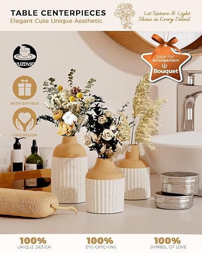 Beige Decorative Vase Set of 3 - Modern Boho Style Ribbed Ceramic Bud Vases for Flowers, Mini Small Vases for Shelf, Shelves, Bookshelf, Entryway Table & Home Decor Aesthetic (Beige White) thumbnail 6