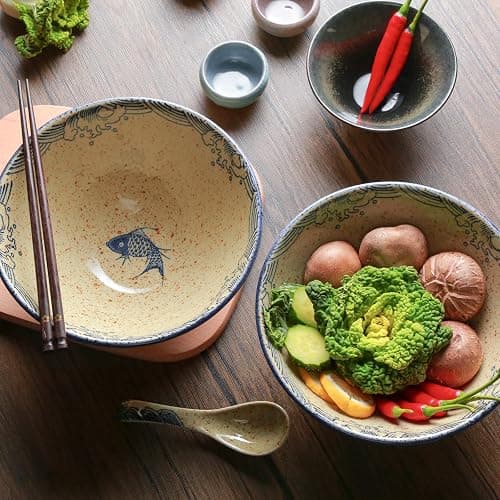 Ramen Schüssel Set 2 x 1200ml Keramik Ramen Bowl mit Essstäbchen und Löffeln,Japanisches Stil Porzellan Geschirr Suppenschüssel Groß Salatschüssel Pho Bowl,Mikrowelle & Spülmaschinenfest,Fisch thumbnail 5