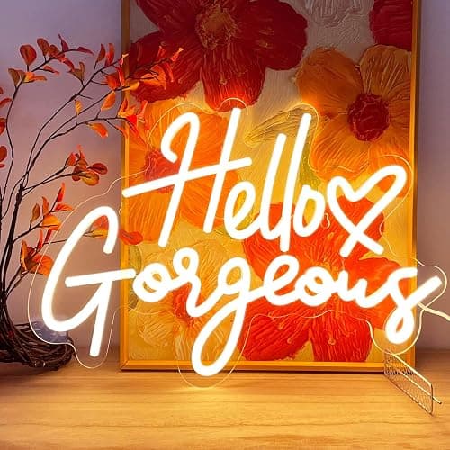KUUNEON Hello Gorgeous Neon Signs for Wall Decor with Heart, Warm White Gorgeous LED Sign Lights for Bedroom Dorm Salon Wedding Party, 16"x12" Preppy Cute Room Decor Woman Cave - 100,000H Lifespan thumbnail 8