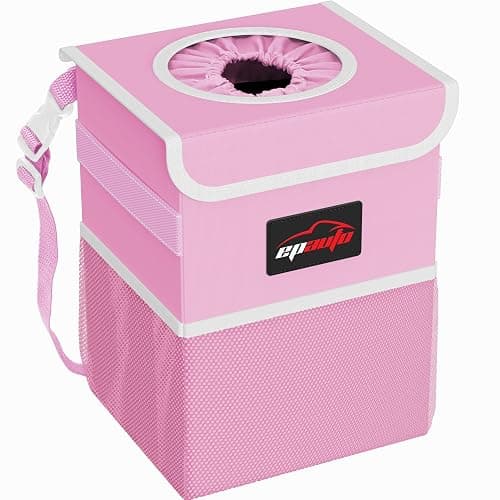 EPAuto Waterproof Car Trash Can with Lid and Storage Pockets, 2.5 Gallon Leakproof, Pink - Image 1