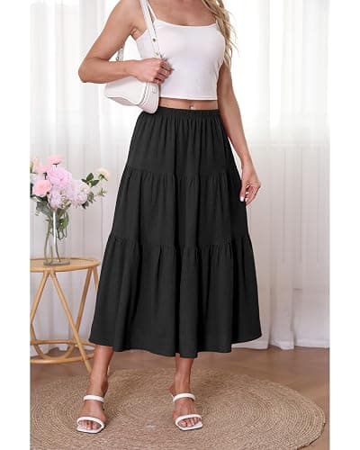 Kingfancy Women's Boho Midi Skirt A-Line Ruffle Elastic High Waist Tiered Flowy Skirts thumbnail 4