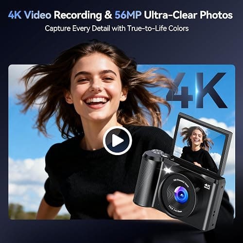 Digital Camera 4K for Photography Vlogging: 56MP Cameras with Mode Dial for Video - 16X Zoom Photo Camera Gifts for Teens Ages 8-16 - 180°Flip Screen Compact Cámara - Point and Shoot Digital Cameras thumbnail 2