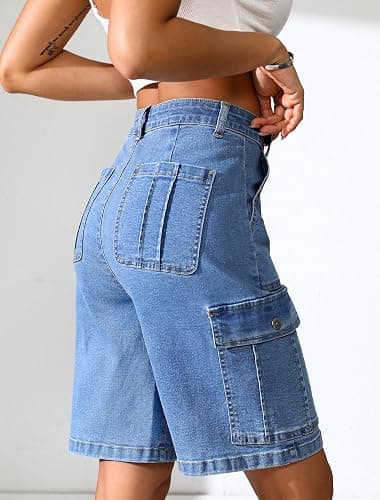 Eddoyee Bermuda Cargo Shorts for Women Casual Long Knee Length High Waisted Stretch Wide Leg Relaxed Fit thumbnail 2