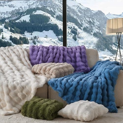 Lotus Karen Faux Fur Throw Blanket Dark Green - 800 GSM Bubble Rabbit Fluff Blanket for Couch Bed Sofa,Softest Fluffy Fuzzy Cozy Blanket,Thick Furry Plush Shaggy Warm Blankets for Women,90x90 Inches thumbnail 6