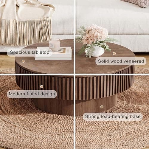 Round Coffee Table with Storage, Modern Wooden Coffee Table with Solid Wood Veneered, Circle Center Table Accent Tea Table for Living Room Apartment Small Space (31.5''L × 31.5''W × 14''H, Walnut) thumbnail 4