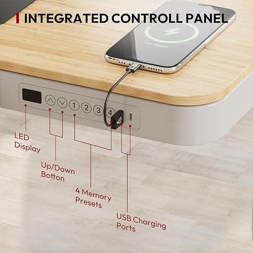 Standing Desk with Drawer, Electric Height Adjustable Home Office Desk with Storage & USB Ports, 48 inch Bamboo Texture Tabletop/White Frame thumbnail 4