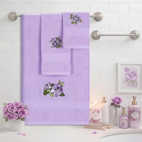 Hillsuren 3 Pcs Rustic Purple Roses Bathroom Towel Set Farmhouse Embroidered Purple Roses Towels Vintage Decorative 100% Cotton Bath Towel Highly Absorbent Elegant Summer Decor Set for Bathroom thumbnail 2