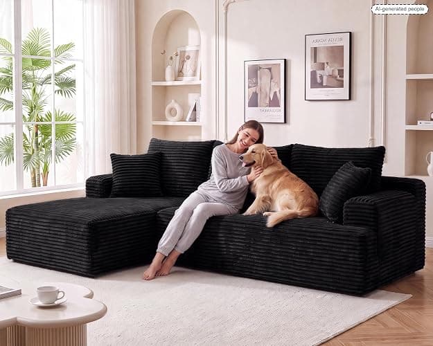 KIVENJAJA 96" Boneless Sectional Couch, 3 Seat with Chaise, Black | living room, apartment, basement, no assembly required, deep seat, cloud, easy to move, corduroy fabric, high-density foam thumbnail 8