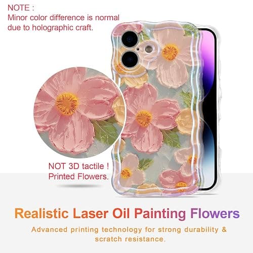 EYZUTAK Case for iPhone 16, Colorful Retro Oil Painting Printed Flower Laser Glossy Pattern Cute Curly Wave Edge Exquisite Phone Cover Stylish Durable TPU Protective Case for Girl Women-Green - iPhone 16 - Green thumbnail 2