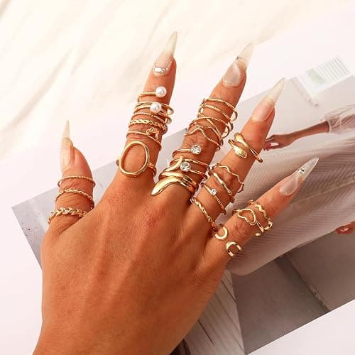 CHICUTIE Gold Jewelry Set For Women,14k Gold Plated Multi Layer Necklaces Bracelets Hoop Earrings Set Stackable Knuckle Rings, Trendy Elegance Charms Non Tarnish Minimalist Textured Boho Jewelry Gift thumbnail 6