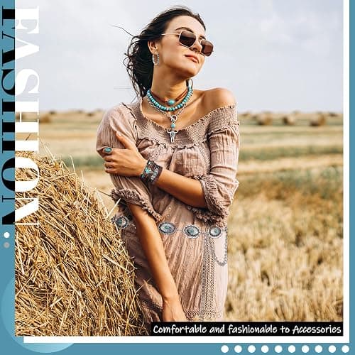 Zhamate Western Jewelry Set - Boho Turquoise Dangle Earrings Necklace Faux Leather Bracelet Ring with Concho Belt for Women thumbnail 3