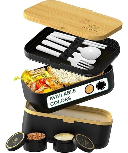 Umami Bento Box Adult All-In-1 w/4 Utensils, 2 Sauce Jars 2 Dividers, Bamboo Lid, 100% Leakproof, Microwave & Dishwasher Safe Stackable Bento Lunch Box Containers for Men/Women, Black Beige, 68 oz - Image 1