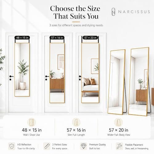 NARCISSUS Full Length Mirror 57x16 Inch, Over The Door Mirror with Stand, Wall Mounted or Freestanding/Door Hanging Full Body, Aluminum Alloy Frame, Gold thumbnail 9