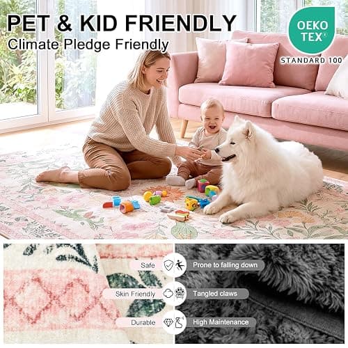 Cnythlis 6'x9' Bohemian Floral Large Area Rug, Cream/Pink/Sage | Botanical Bird, Non-Slip, Water Resistant, Low Pile, Faux Wool, Cotton-Backed Silicone Grip Backing, Kid & Pet Friendly thumbnail 4