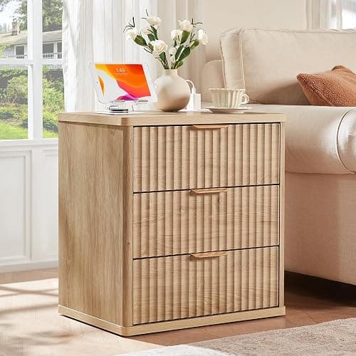 LEYAOYAO 23" Wide Fluted Farmhouse Night Stand Set of 2 with Charging Station, 3 Drawers Large End Table w/Metal Handle, Natural Nightstand Bedside Table,Wood Dresser for Bedroom, Closet thumbnail 7